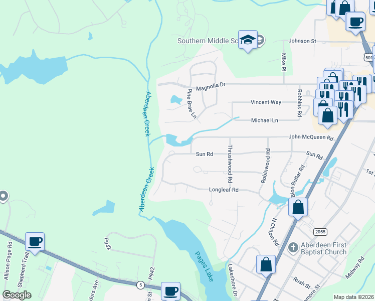 map of restaurants, bars, coffee shops, grocery stores, and more near 722 John McQueen Road in Aberdeen