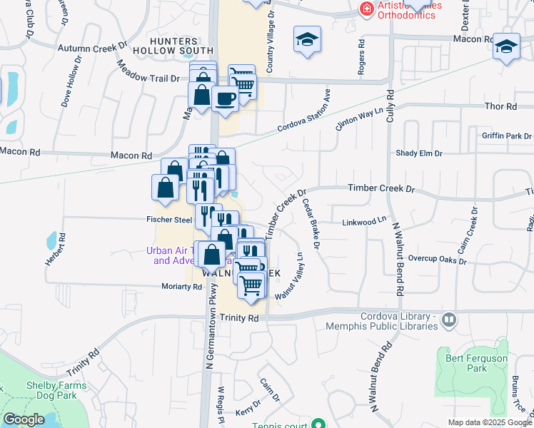 map of restaurants, bars, coffee shops, grocery stores, and more near 831 Timber Creek Drive in Memphis