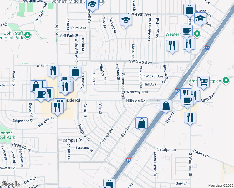 map of restaurants, bars, coffee shops, grocery stores, and more near 5805 Harvard Street in Amarillo