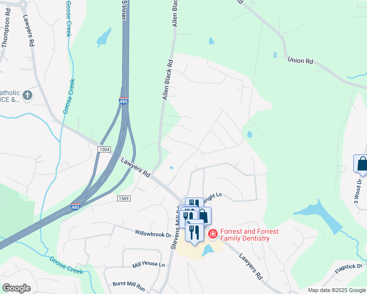 map of restaurants, bars, coffee shops, grocery stores, and more near 5800 Allen Black Road in Charlotte