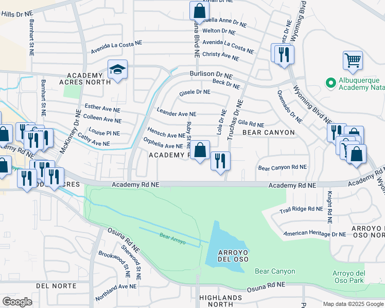 map of restaurants, bars, coffee shops, grocery stores, and more near 6805 Orphelia Avenue Northeast in Albuquerque