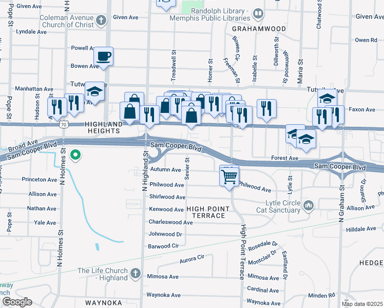 map of restaurants, bars, coffee shops, grocery stores, and more near 3609 Galloway Avenue in Memphis
