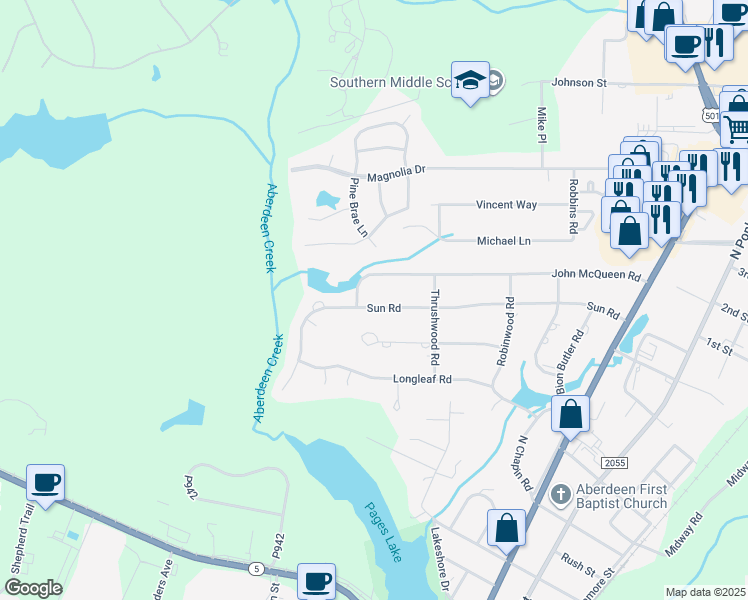 map of restaurants, bars, coffee shops, grocery stores, and more near 707 John McQueen Road in Aberdeen