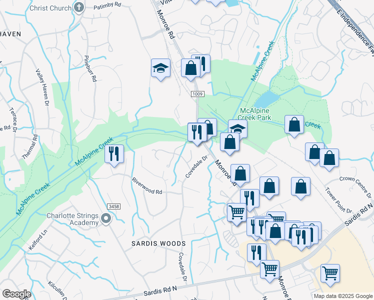 map of restaurants, bars, coffee shops, grocery stores, and more near 9008 Monroe Road in Charlotte