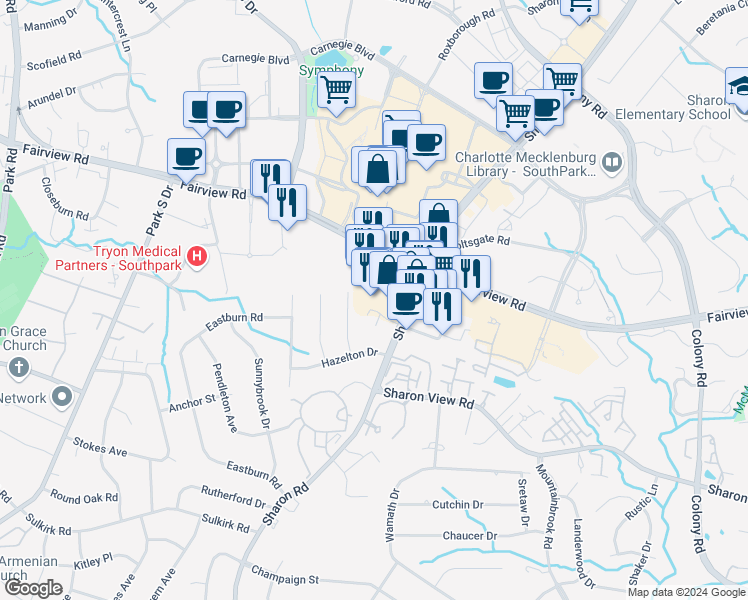 map of restaurants, bars, coffee shops, grocery stores, and more near 4722 Sharon Road in Charlotte