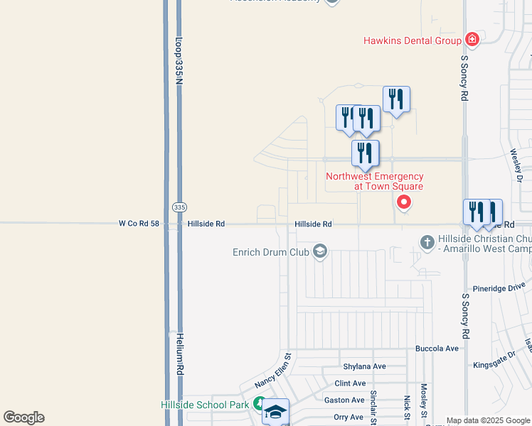 map of restaurants, bars, coffee shops, grocery stores, and more near 9700 Hillside Road in Amarillo