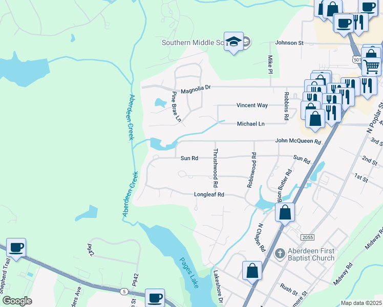 map of restaurants, bars, coffee shops, grocery stores, and more near 708 Sun Road in Aberdeen