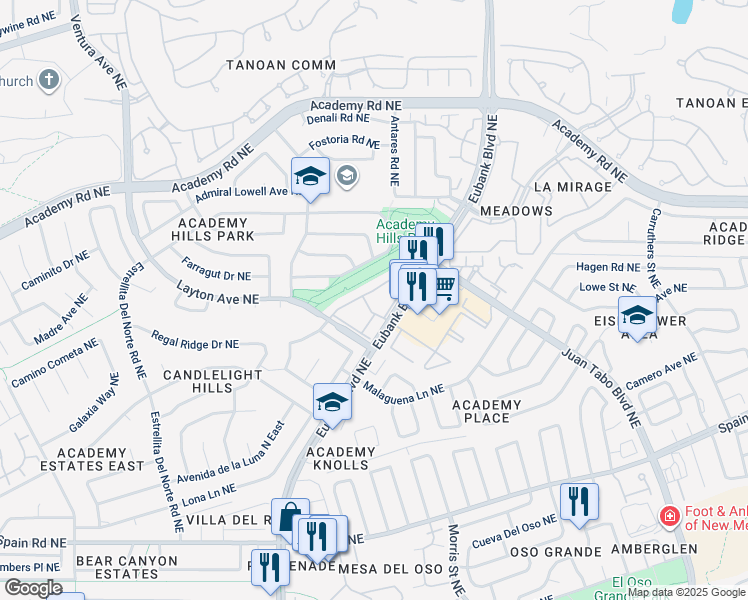 map of restaurants, bars, coffee shops, grocery stores, and more near 5801 Eubank Boulevard Northeast in Albuquerque