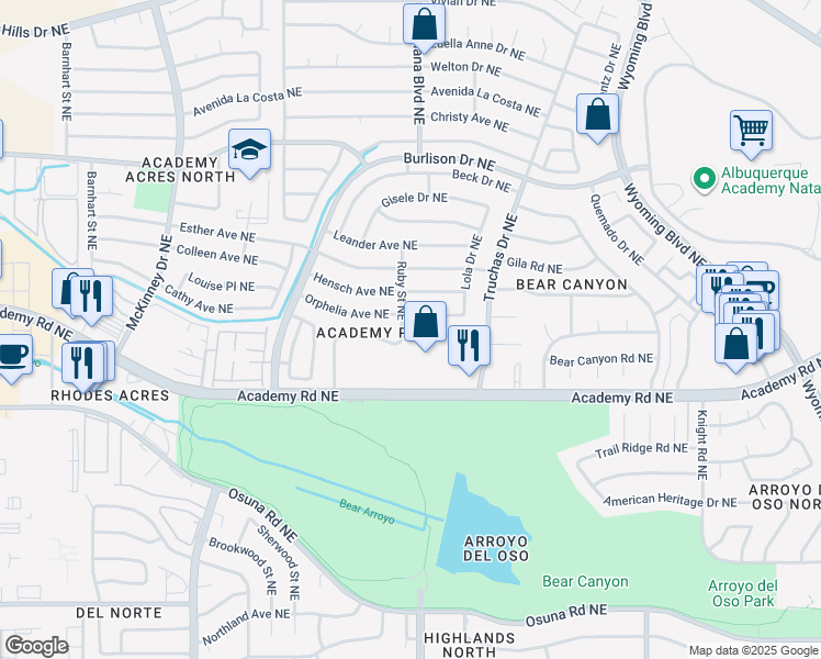 map of restaurants, bars, coffee shops, grocery stores, and more near 6805 Orphelia Avenue Northeast in Albuquerque