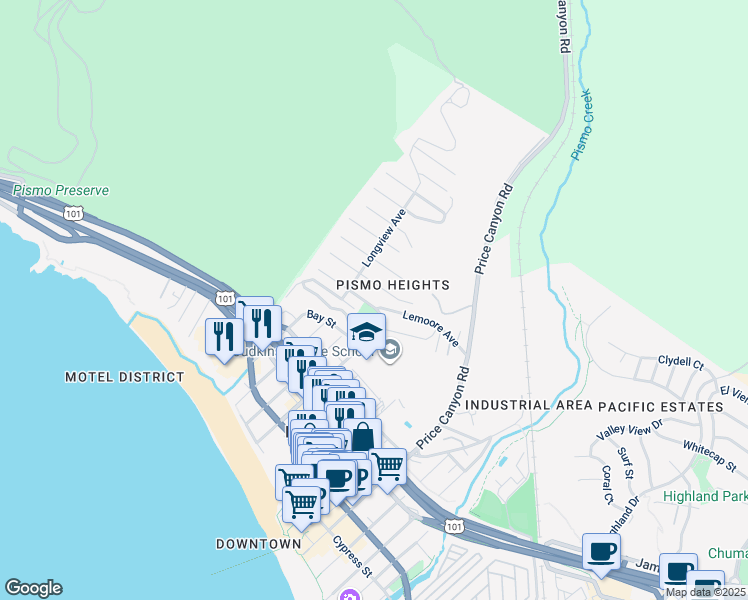 map of restaurants, bars, coffee shops, grocery stores, and more near 820 Stratford Street in Pismo Beach