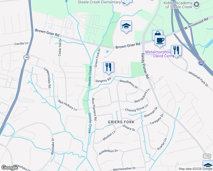map of restaurants, bars, coffee shops, grocery stores, and more near 13951 Dingess Road in Charlotte