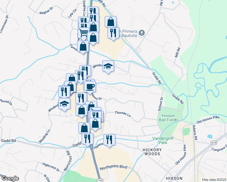 map of restaurants, bars, coffee shops, grocery stores, and more near 1243 Towne Hills Drive in Chattanooga