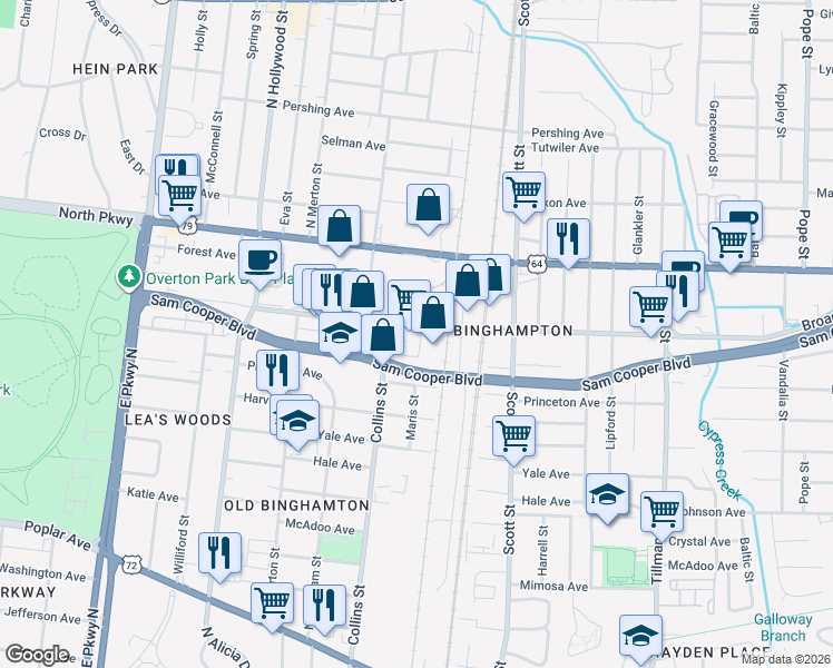 map of restaurants, bars, coffee shops, grocery stores, and more near 490 North Bingham Street in Memphis