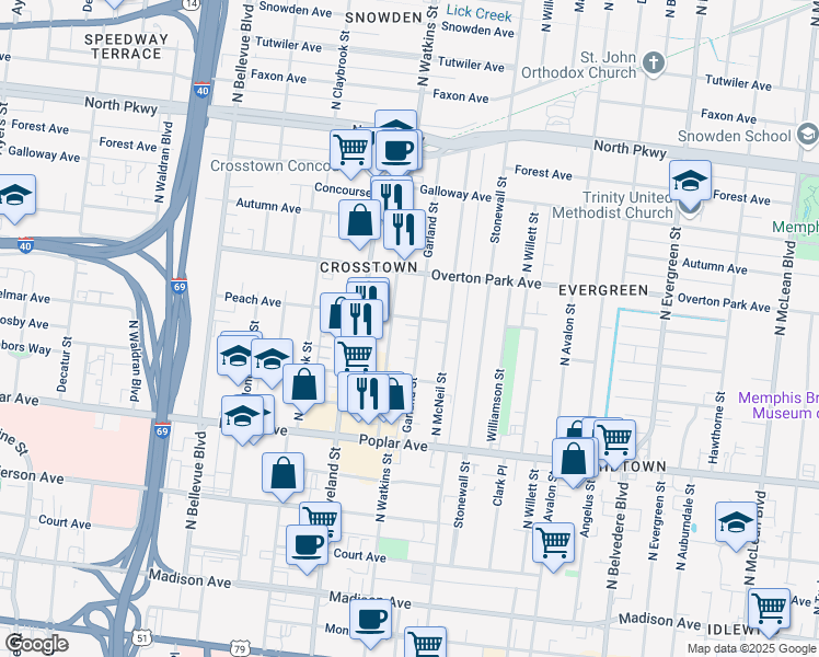 map of restaurants, bars, coffee shops, grocery stores, and more near 337 North Watkins Street in Memphis