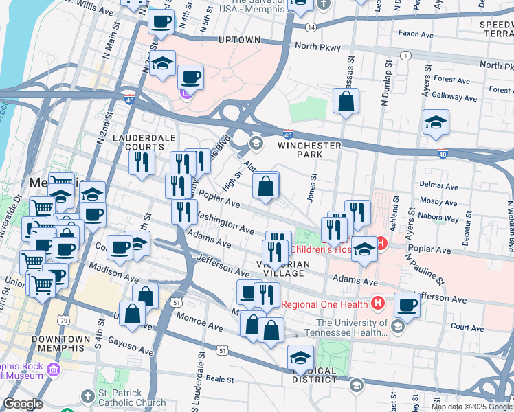 map of restaurants, bars, coffee shops, grocery stores, and more near 623 Exchange Avenue in Memphis