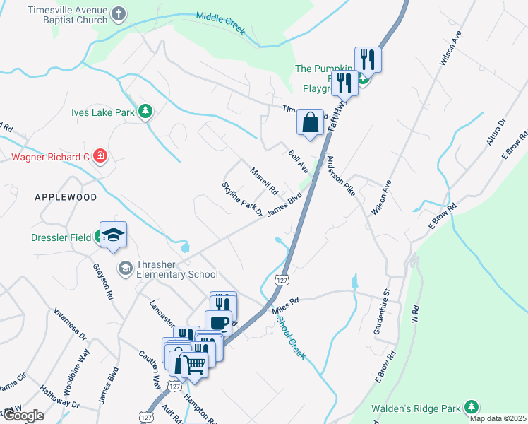 map of restaurants, bars, coffee shops, grocery stores, and more near 1701 James Boulevard in Signal Mountain