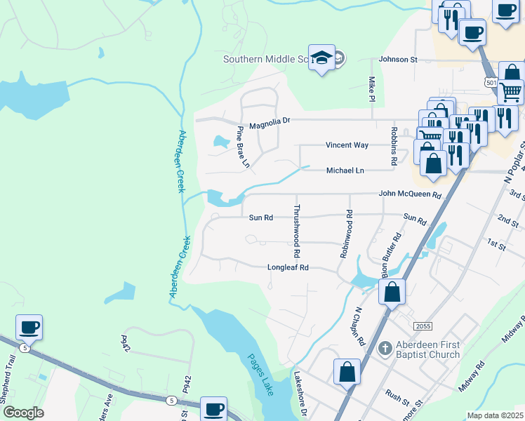map of restaurants, bars, coffee shops, grocery stores, and more near 708 Sun Road in Aberdeen