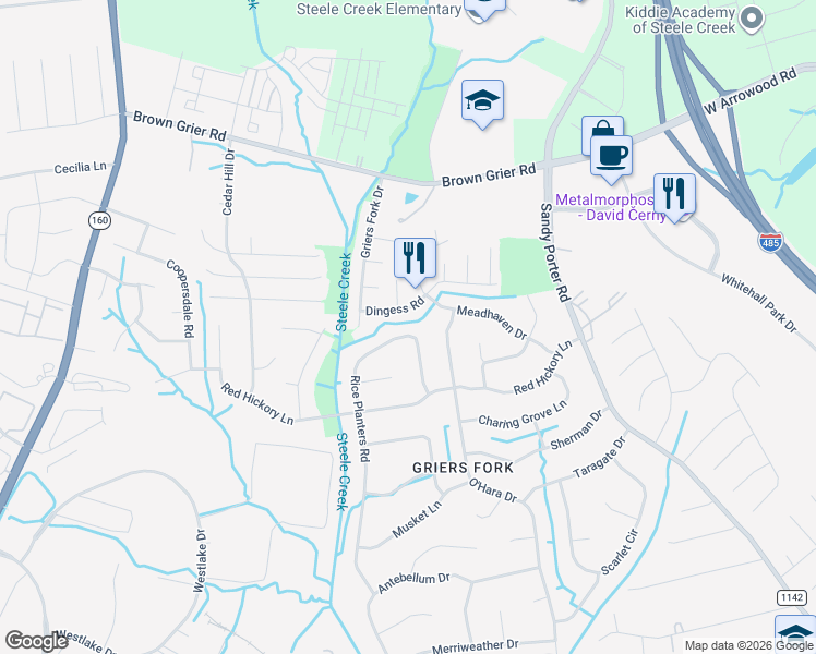 map of restaurants, bars, coffee shops, grocery stores, and more near 13951 Dingess Road in Charlotte