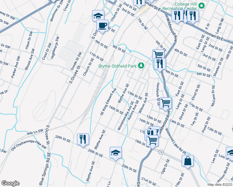 map of restaurants, bars, coffee shops, grocery stores, and more near 1300 Southeast King Edward Avenue in Cleveland