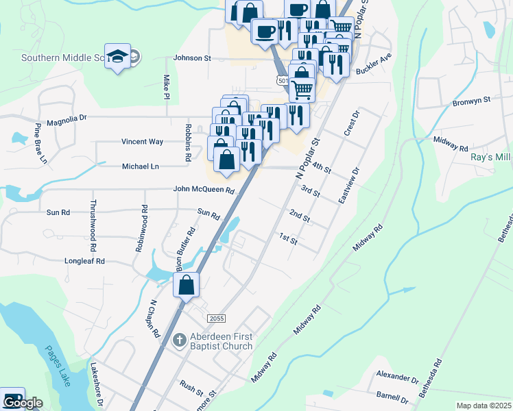 map of restaurants, bars, coffee shops, grocery stores, and more near 403 Brian Road in Aberdeen