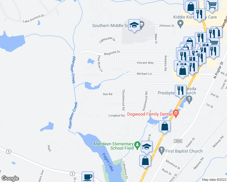 map of restaurants, bars, coffee shops, grocery stores, and more near 706 Sun Road in Aberdeen