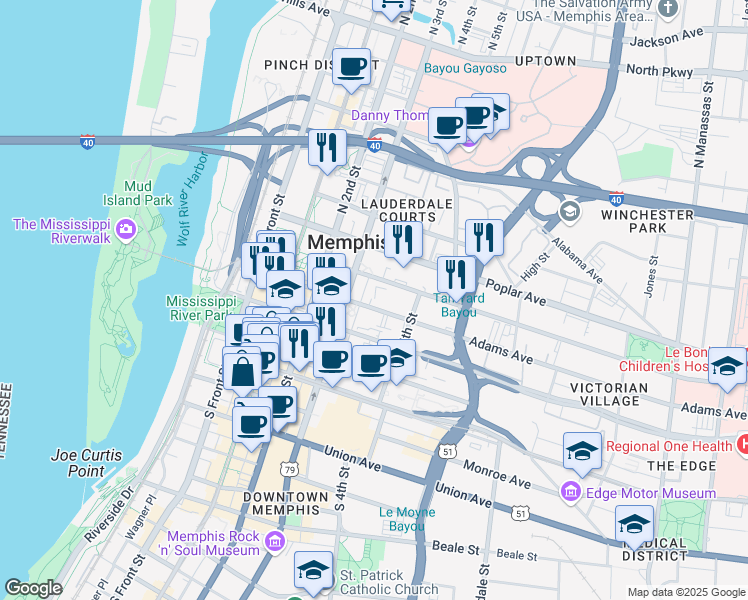 map of restaurants, bars, coffee shops, grocery stores, and more near 208 Adams Avenue in Memphis
