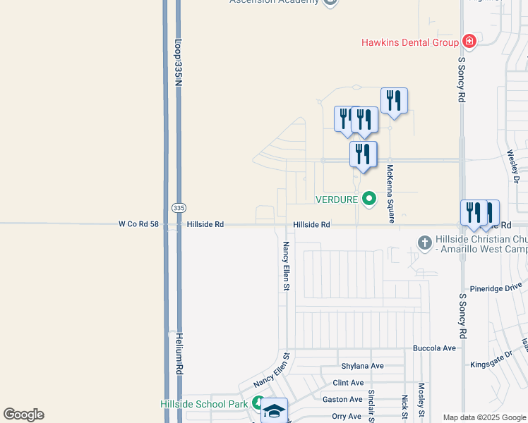 map of restaurants, bars, coffee shops, grocery stores, and more near 9700 Hillside Road in Amarillo