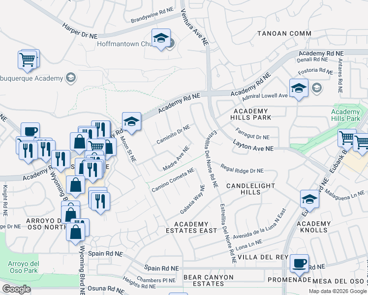 map of restaurants, bars, coffee shops, grocery stores, and more near 9015 Caminito Drive Northeast in Albuquerque