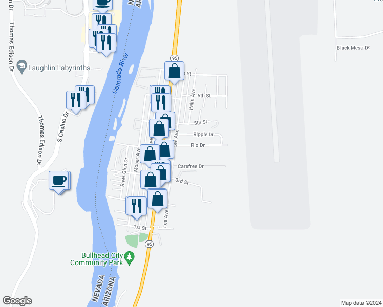 map of restaurants, bars, coffee shops, grocery stores, and more near 2404 Rio Drive in Bullhead City
