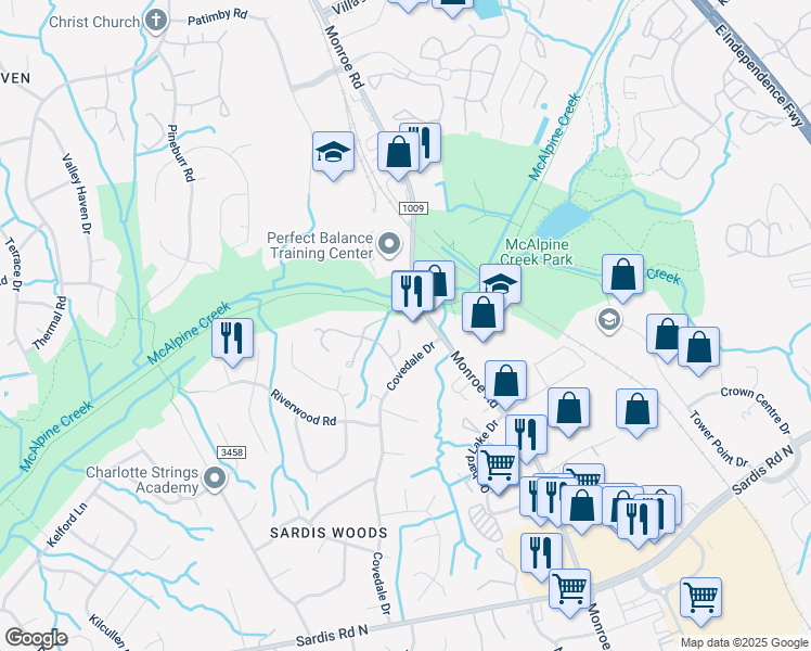 map of restaurants, bars, coffee shops, grocery stores, and more near 9008 Monroe Road in Charlotte