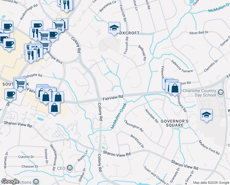 map of restaurants, bars, coffee shops, grocery stores, and more near 4515 Fox Brook Lane in Charlotte