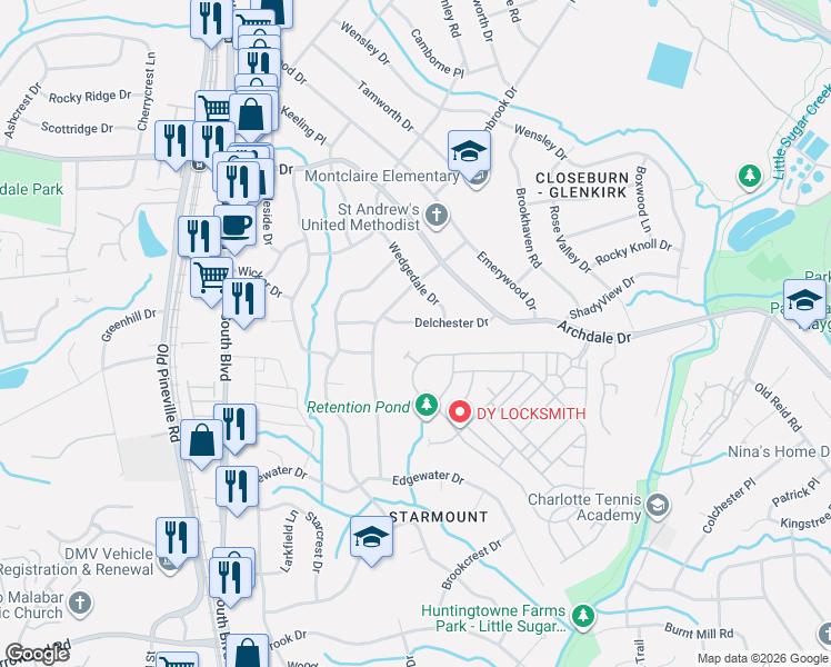 map of restaurants, bars, coffee shops, grocery stores, and more near 1711 Delchester Drive in Charlotte