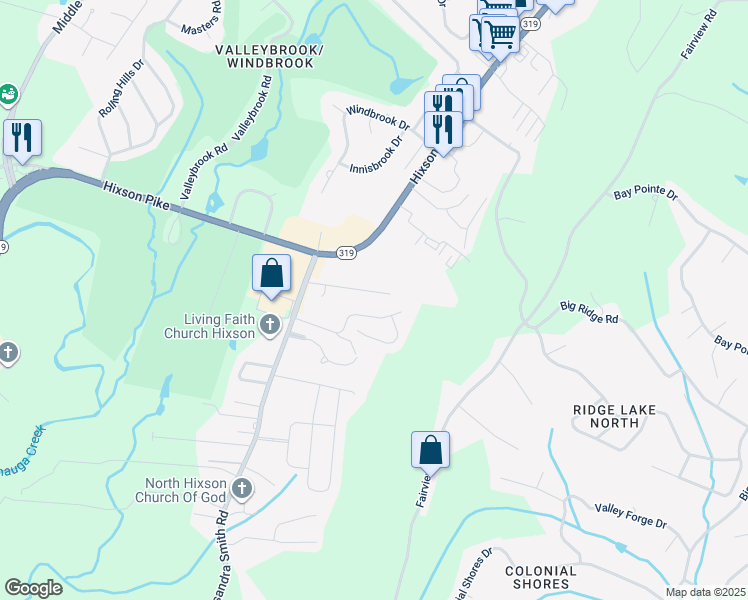 map of restaurants, bars, coffee shops, grocery stores, and more near 6018 Ridgeview Circle in Chattanooga