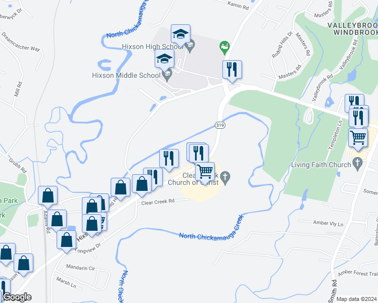 map of restaurants, bars, coffee shops, grocery stores, and more near 5555 Hixson Pike in Chattanooga