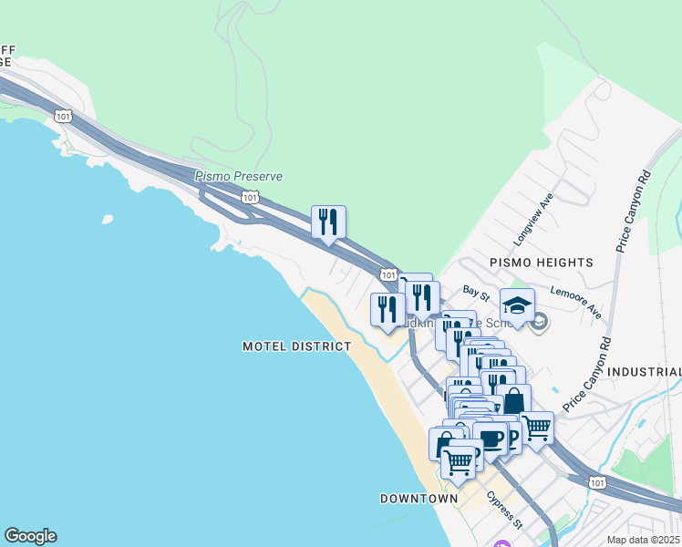 map of restaurants, bars, coffee shops, grocery stores, and more near 371 Franklin Drive in Pismo Beach