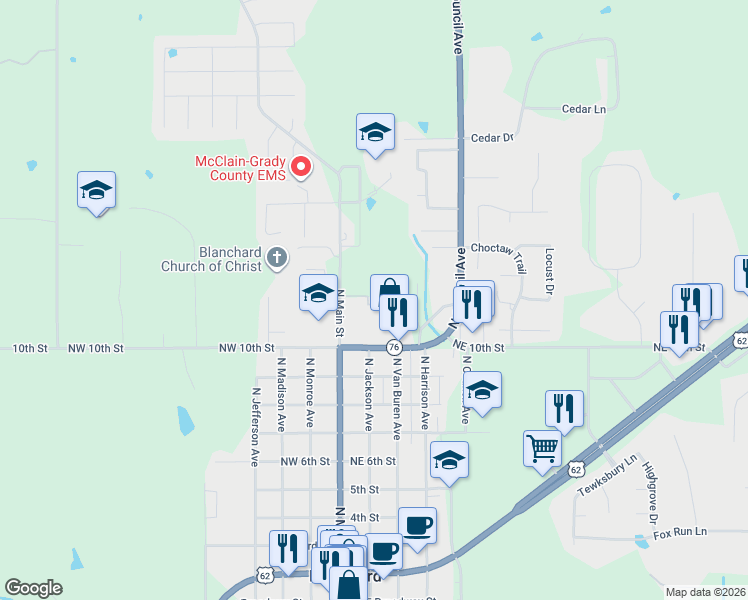 map of restaurants, bars, coffee shops, grocery stores, and more near 203 Summerfield Drive in Blanchard