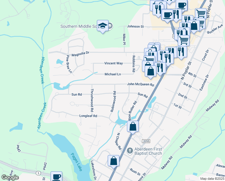 map of restaurants, bars, coffee shops, grocery stores, and more near 1001 Robinwood Road in Aberdeen