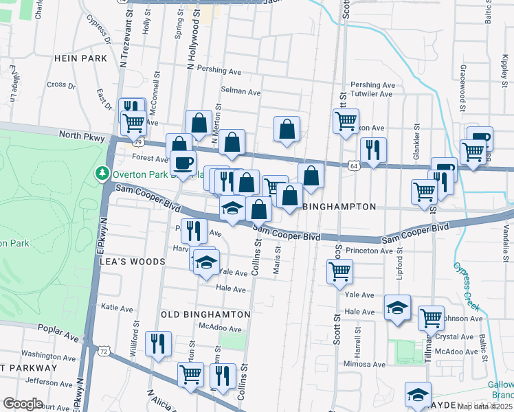map of restaurants, bars, coffee shops, grocery stores, and more near 480 North Bingham Street in Memphis
