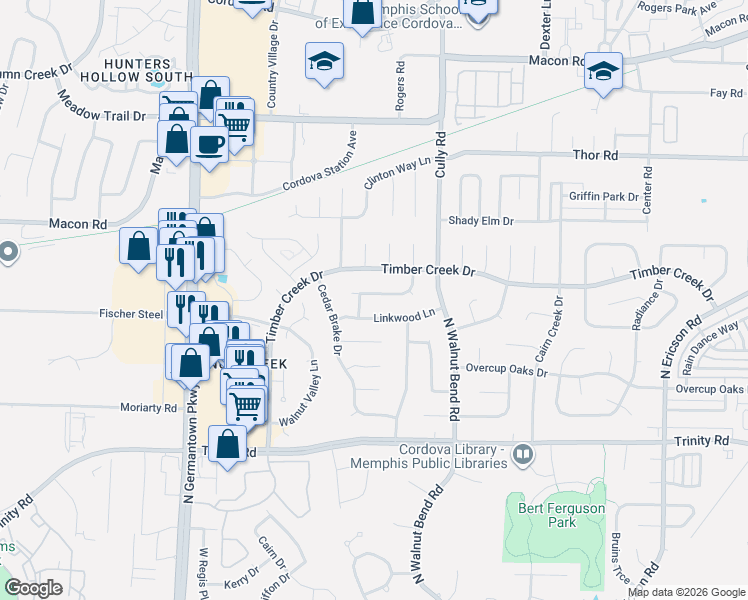 map of restaurants, bars, coffee shops, grocery stores, and more near 8288 Weatherwood Lane in Memphis