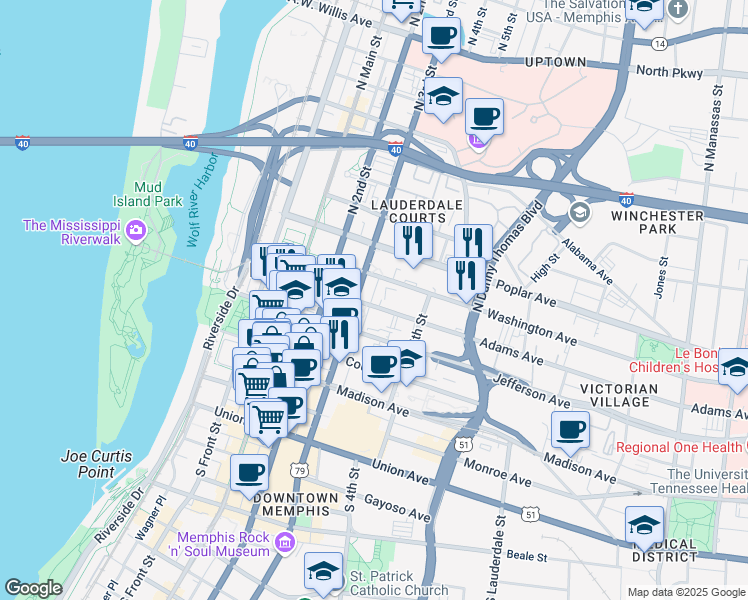 map of restaurants, bars, coffee shops, grocery stores, and more near 198 Adams Avenue in Memphis