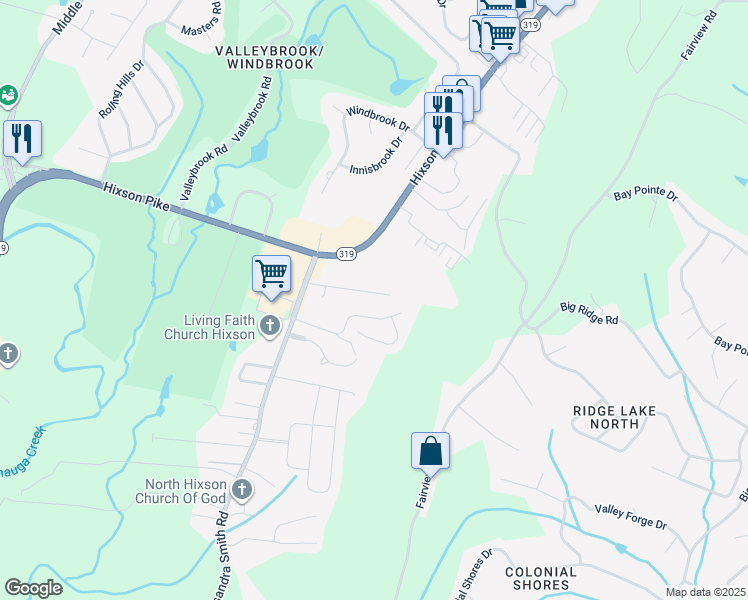 map of restaurants, bars, coffee shops, grocery stores, and more near 6018 Ridgeview Circle in Chattanooga