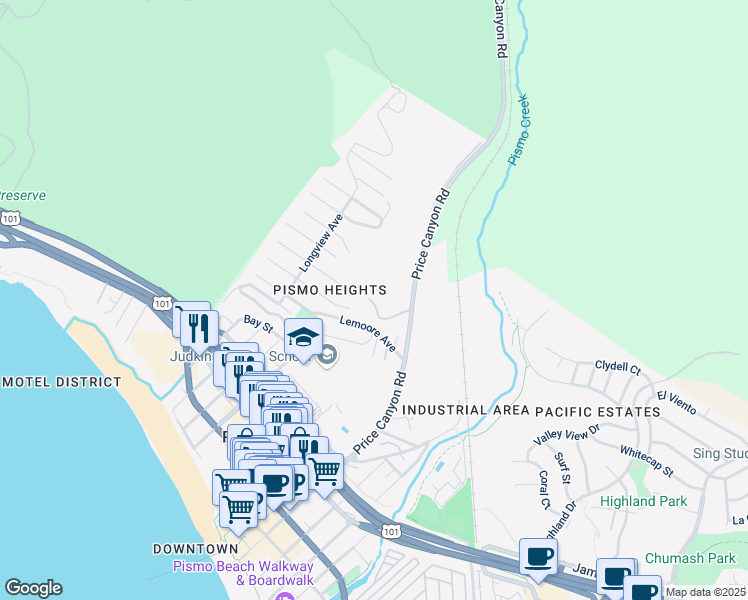 map of restaurants, bars, coffee shops, grocery stores, and more near 765 Price Canyon Road in Pismo Beach