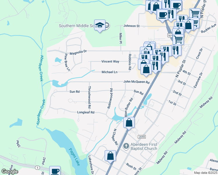 map of restaurants, bars, coffee shops, grocery stores, and more near 1001 Robinwood Road in Aberdeen