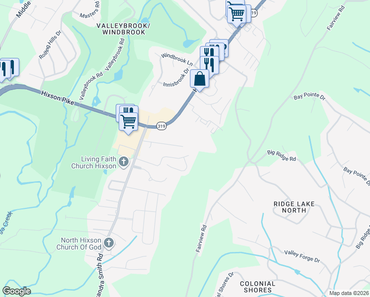 map of restaurants, bars, coffee shops, grocery stores, and more near 6325 Amber Brook Drive in Chattanooga