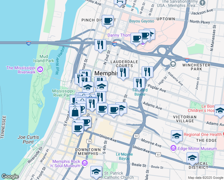 map of restaurants, bars, coffee shops, grocery stores, and more near 198 Adams Avenue in Memphis