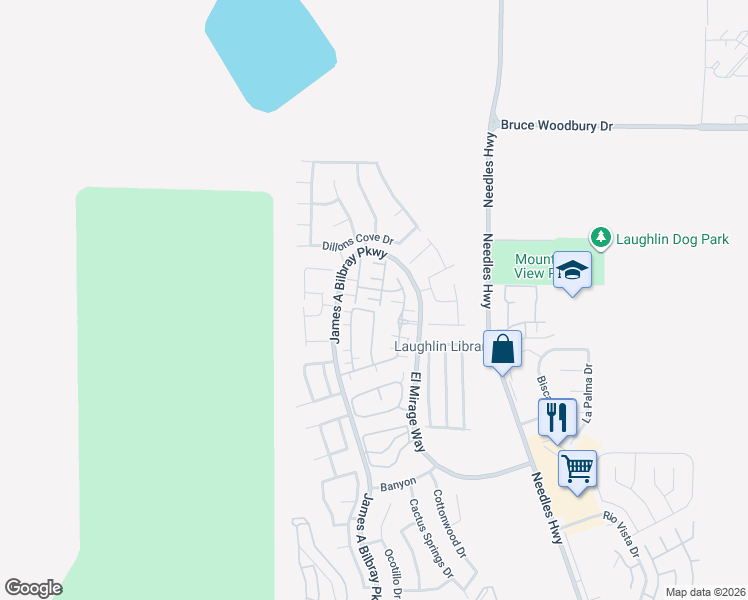 map of restaurants, bars, coffee shops, grocery stores, and more near 2710 Crystal Blue Street in Laughlin
