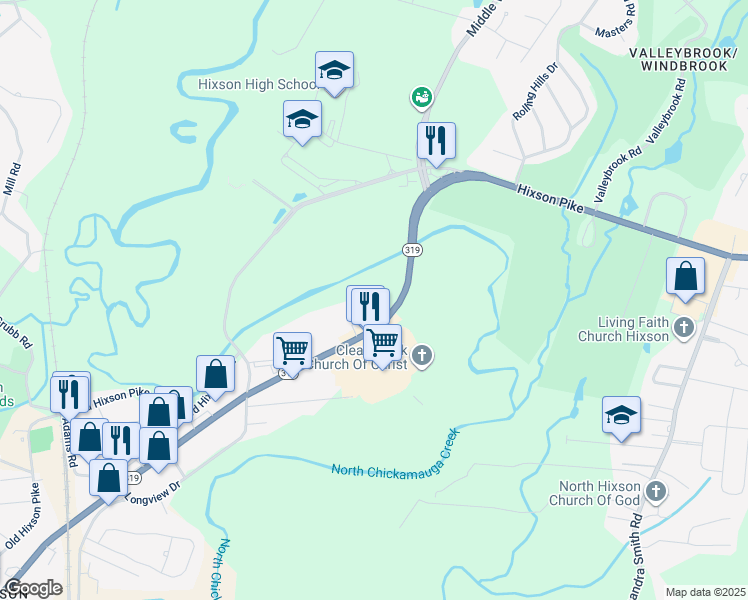 map of restaurants, bars, coffee shops, grocery stores, and more near 5555 Hixson Pike in Chattanooga