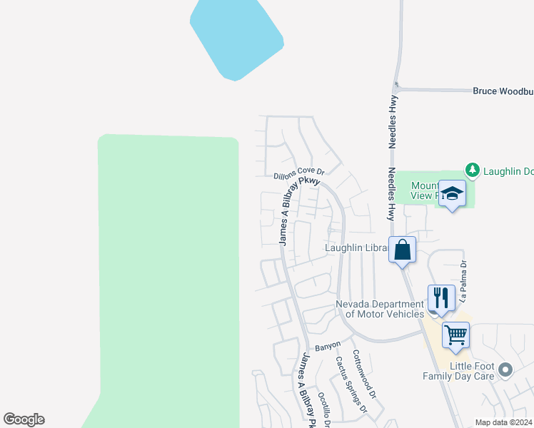 map of restaurants, bars, coffee shops, grocery stores, and more near 2351 Thornwood Castle Drive in Laughlin
