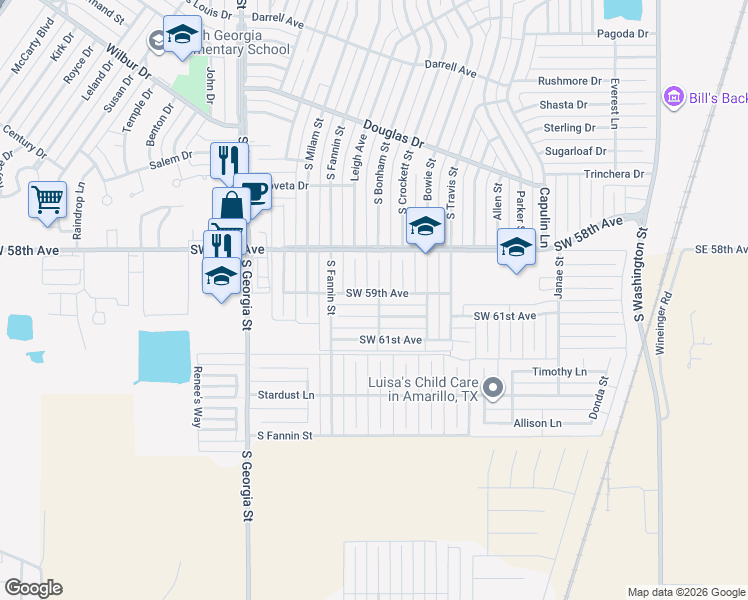 map of restaurants, bars, coffee shops, grocery stores, and more near 5812 South Bonham Street in Amarillo