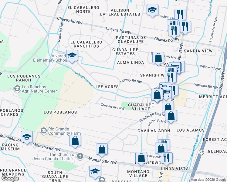 map of restaurants, bars, coffee shops, grocery stores, and more near in Albuquerque